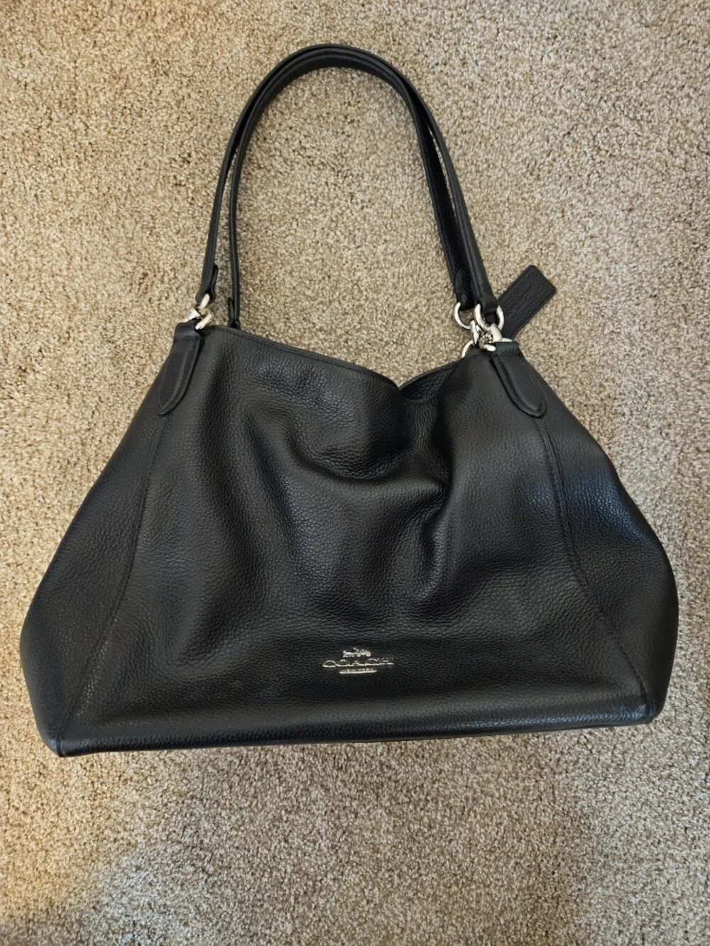 Coach Edie 31 Black Polished Pebble Leather Shoulder Bag EUC